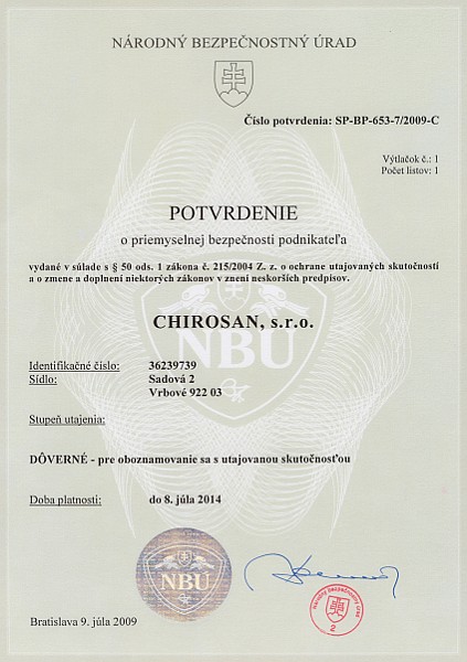 chirosan - certifikat